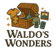 Illustration of a wooden chest with items and 'Waldo's Wonders' text on a white background
